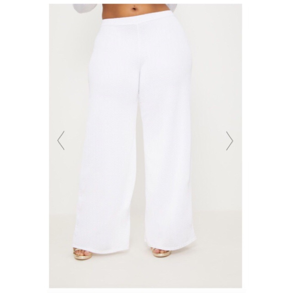 PLT White Textured Wide Leg Trousers